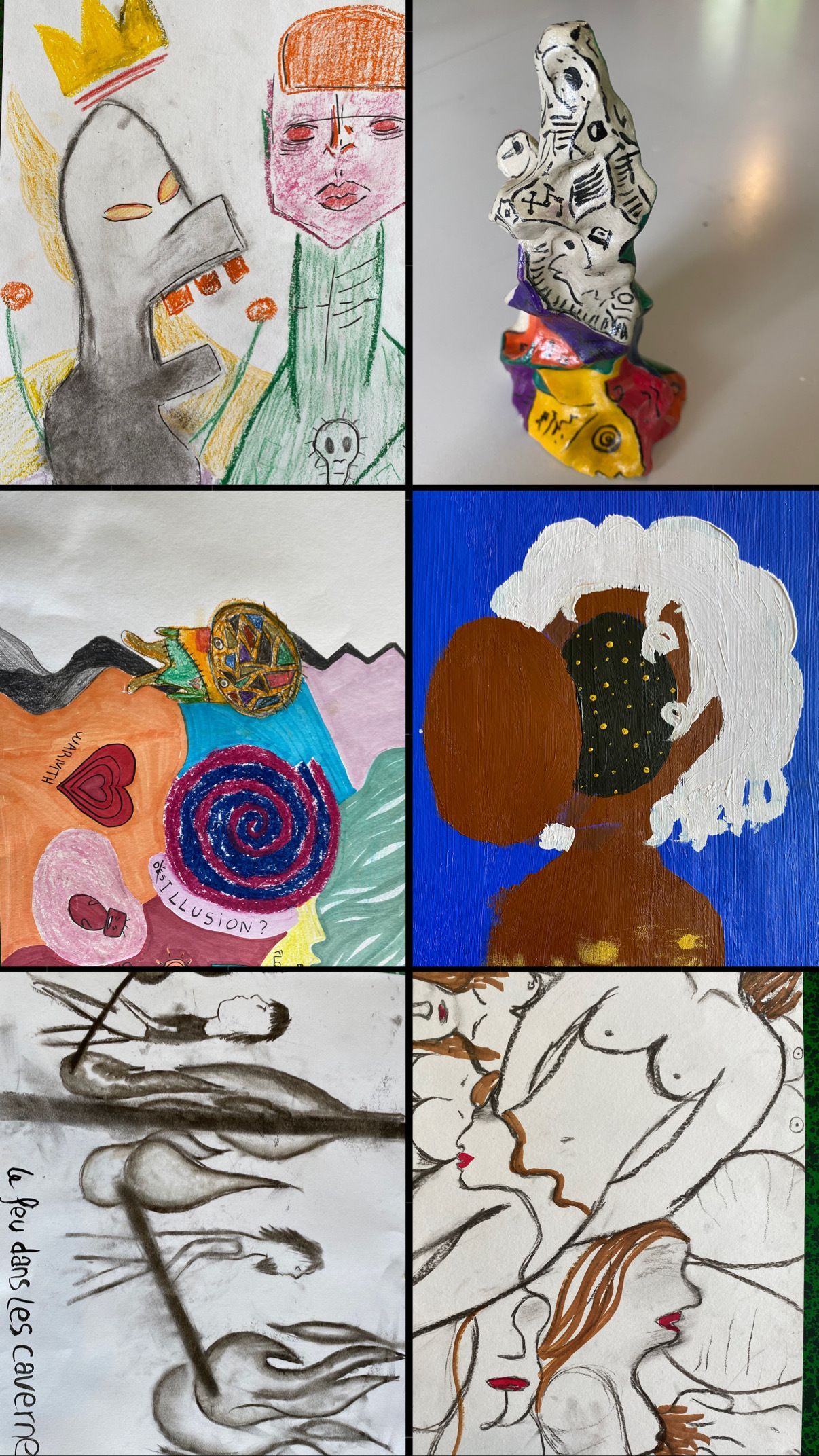 Collage de six œuvres abstraites en techniques mixtes aux couleurs atténuées, comprenant des visages, des figures et des tourbillons texturés.