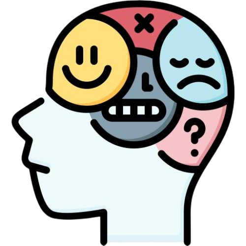Silhouette de tête avec quatre icônes d'émotion : joie, tristesse, confusion et colère, au-dessus de la zone du cerveau