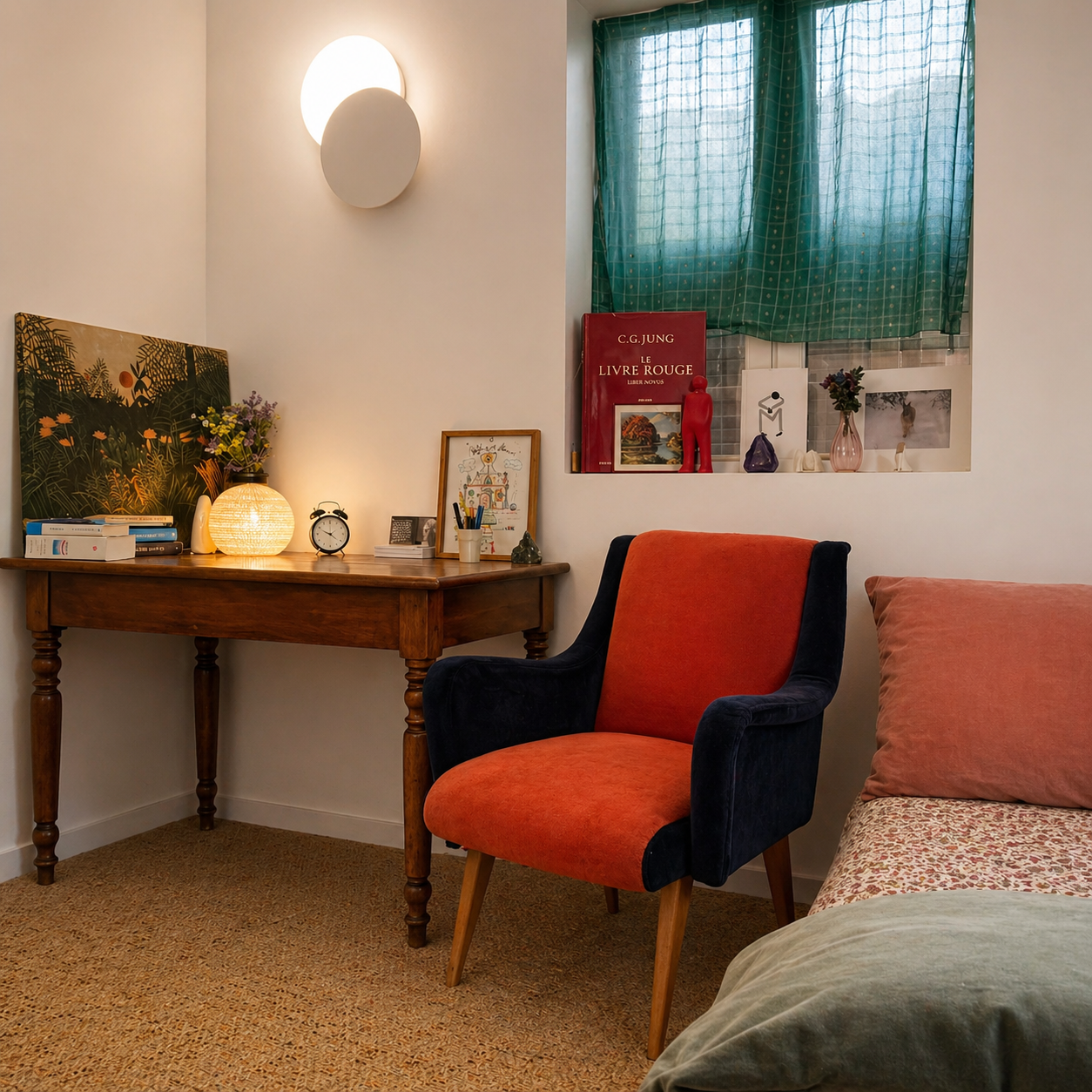 Coin douillet dans une chambre avec bureau, lampe, chaise orange, décoration murale et fenêtre avec rideaux turquoise.