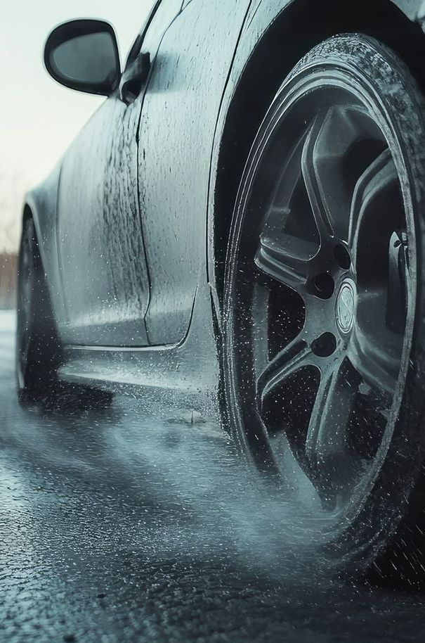 Une voiture qui roule sur une route mouillée
