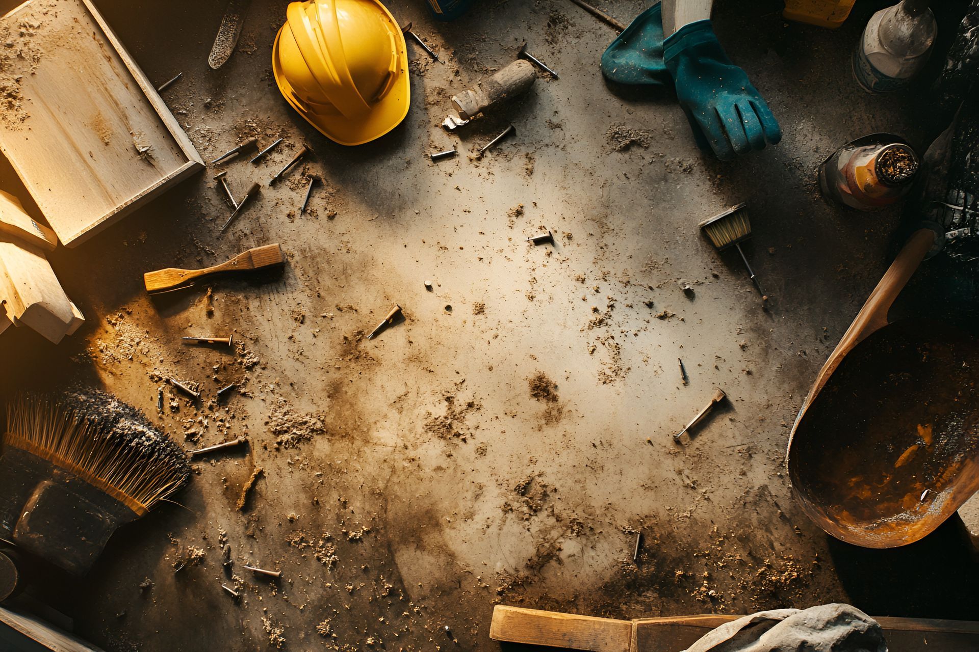 Le sol de l'atelier était jonché d'outils, de morceaux de bois et d'un casque de chantier jaune.