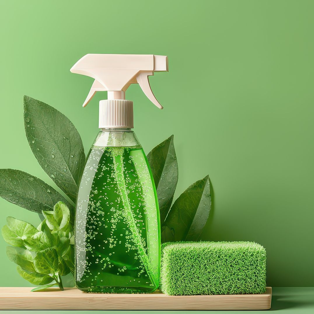 Un flacon pulvérisateur vert rempli de bulles, entouré de feuilles et d'une éponge verte.