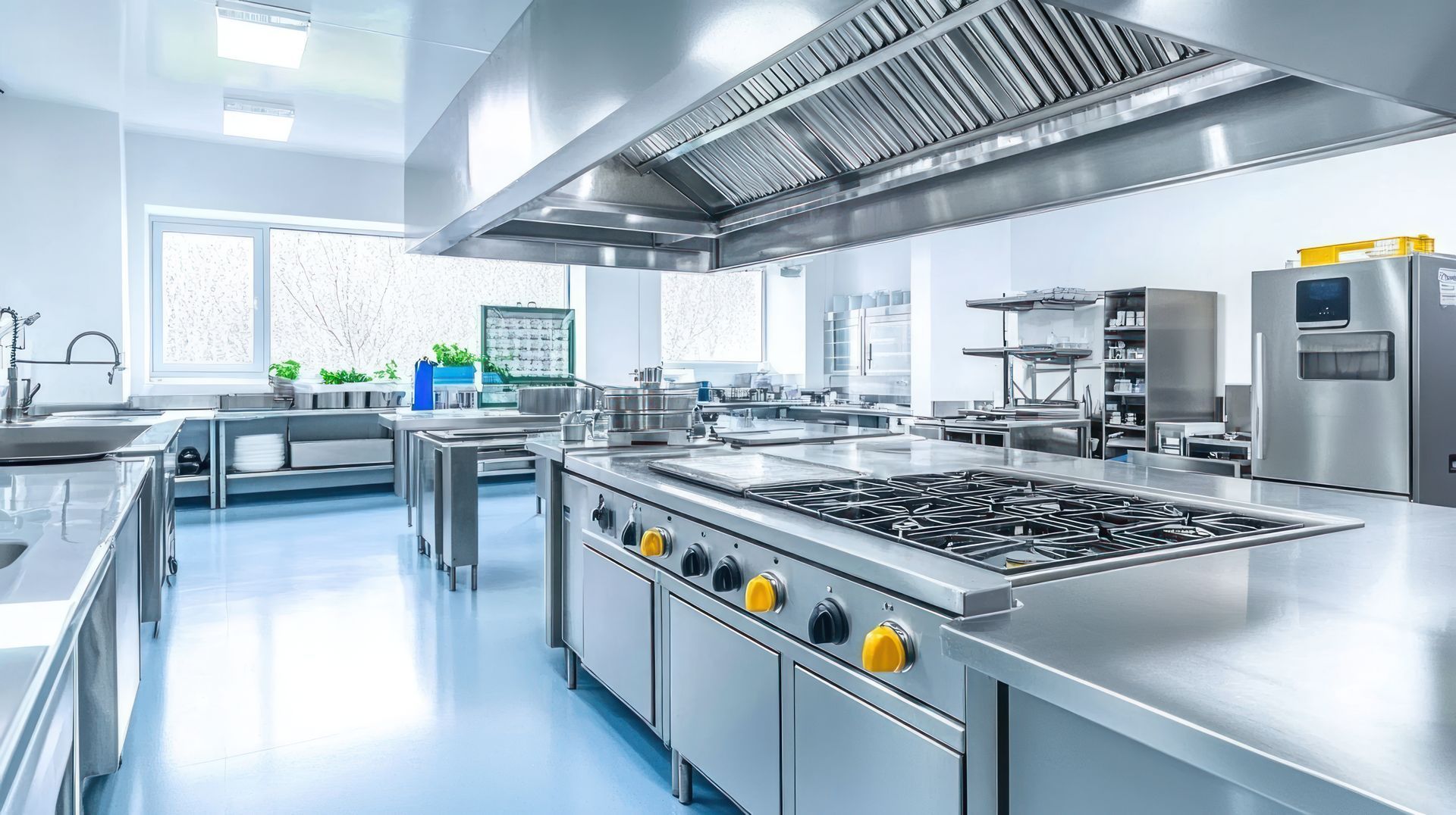 Cuisine commerciale équipée d'appareils en acier inoxydable, d'une cuisinière et d'une hotte aspirante.