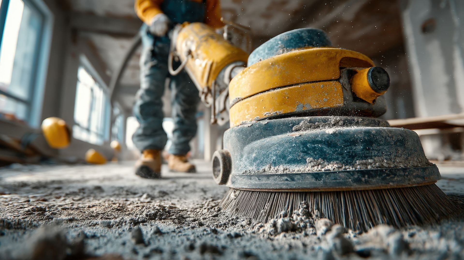 Une personne utilise une autolaveuse jaune sur un chantier. Sol en béton poussiéreux.