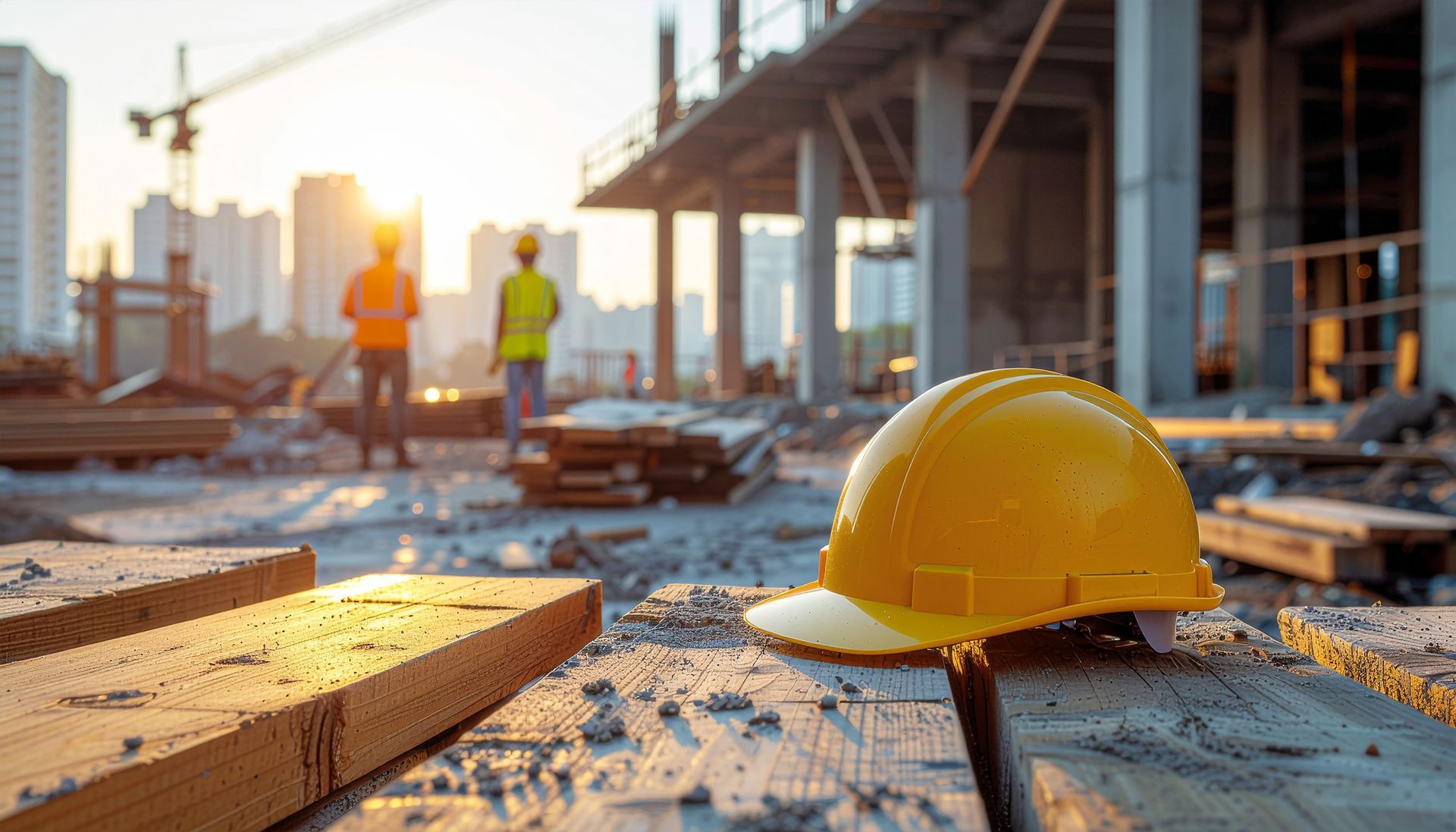 Casque de chantier jaune posé sur des planches de bois sur un chantier ; deux ouvriers à l'arrière-plan.
