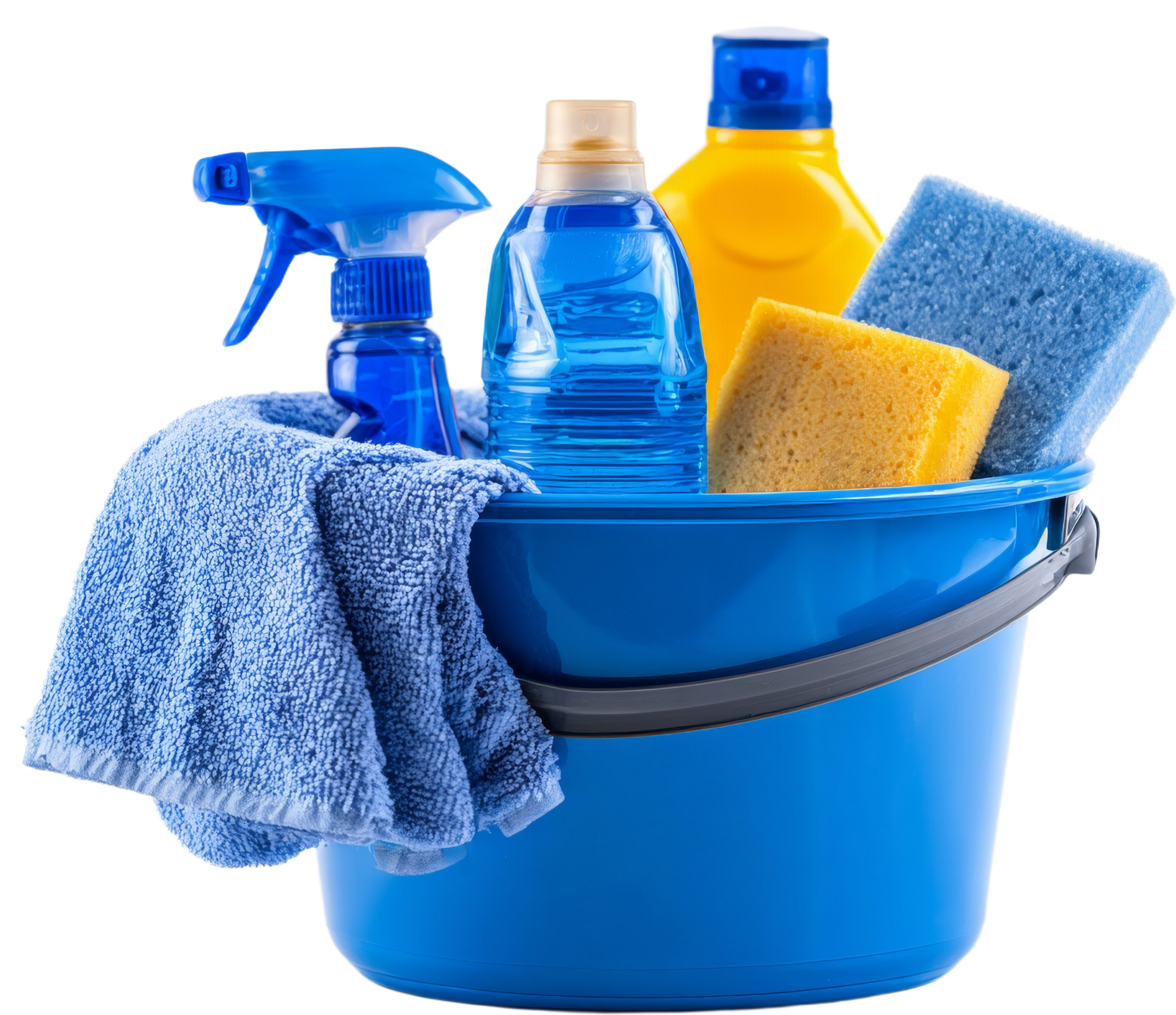 Seau bleu contenant les produits de nettoyage : flacon pulvérisateur, flacons de nettoyant, éponges et chiffon.