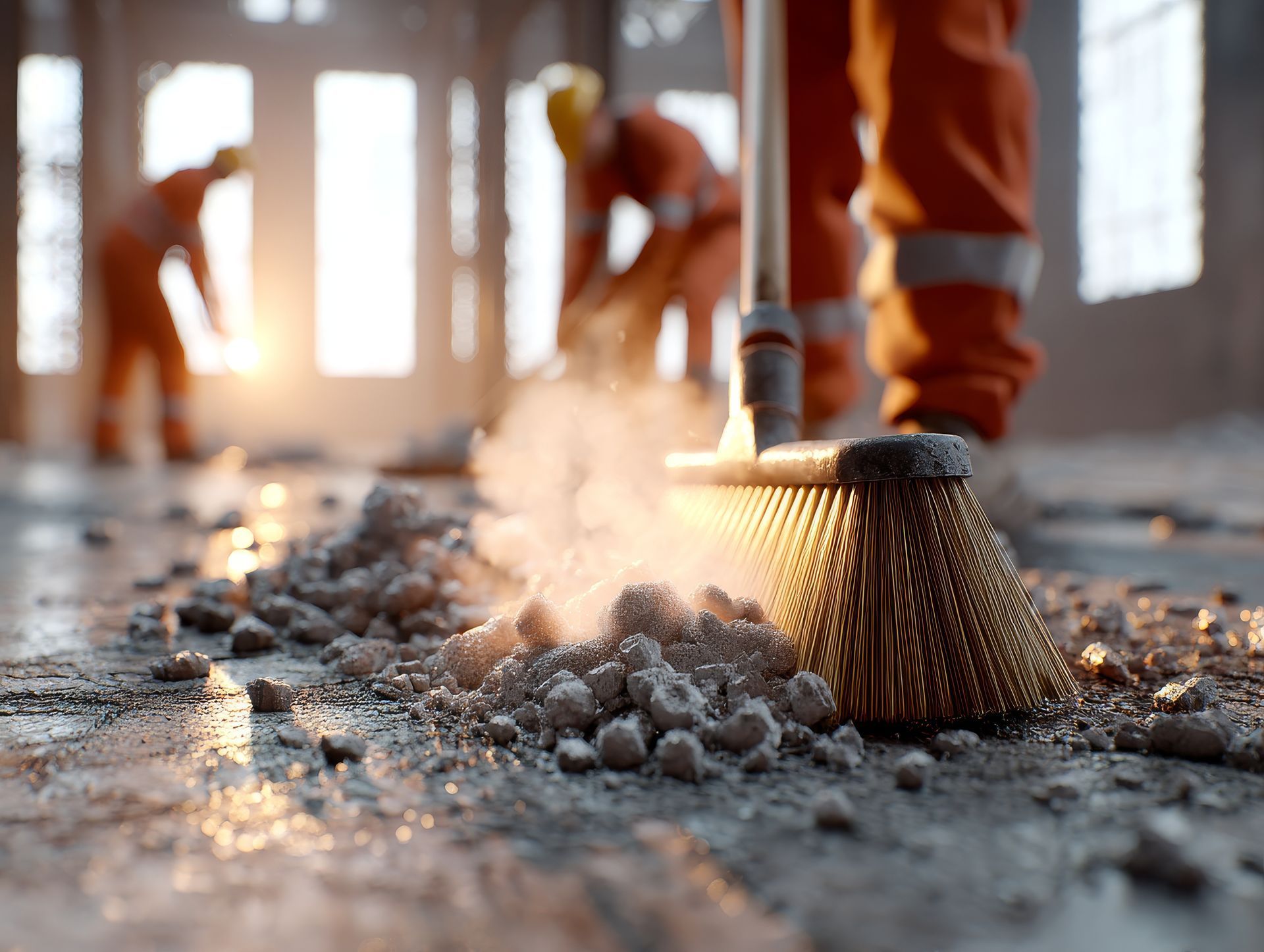 Ouvrier du bâtiment balayant les débris. Sol en béton poussiéreux. Lumière du soleil. Deux autres ouvriers à l'arrière-plan.