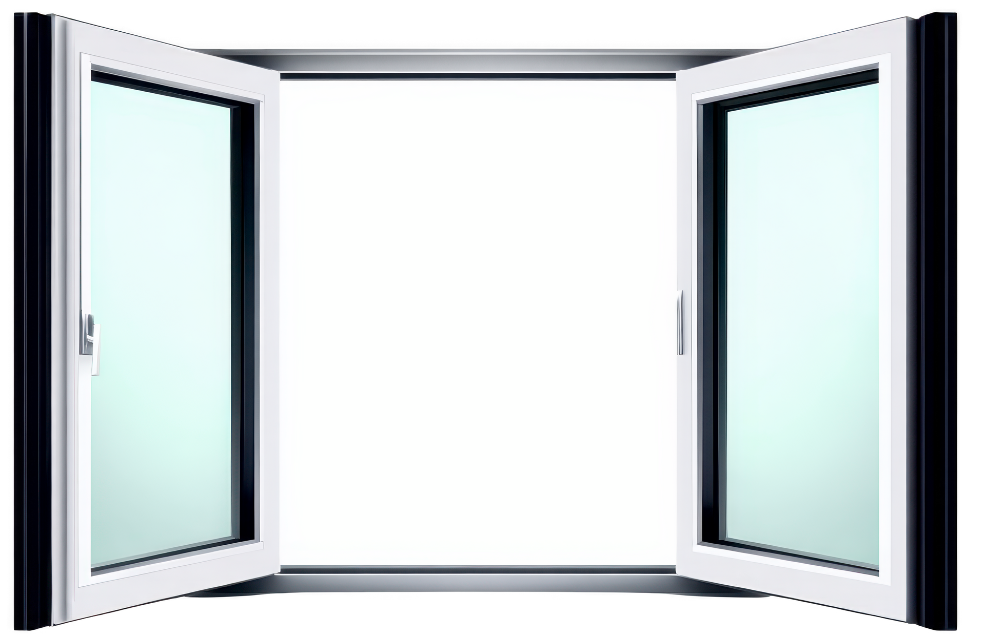 Fenêtre double ouverte à cadre blanc et vitres transparentes sur fond blanc.