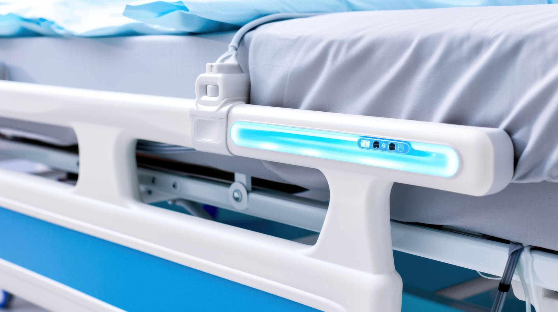 Barre d'appui de lit d'hôpital avec dispositif de désinfection lumineux, bleue et blanche.