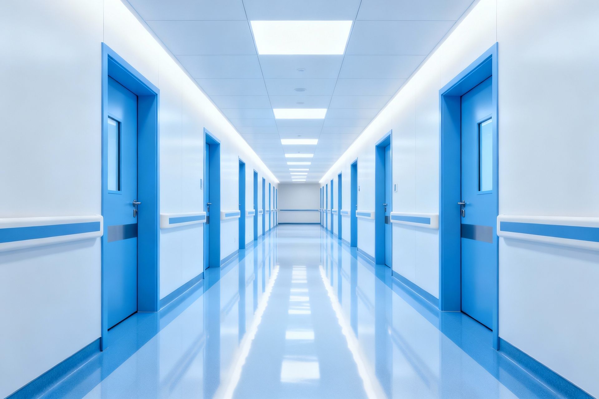 Couloir d'hôpital avec portes bleues, sol brillant et éclairage vif au plafond.