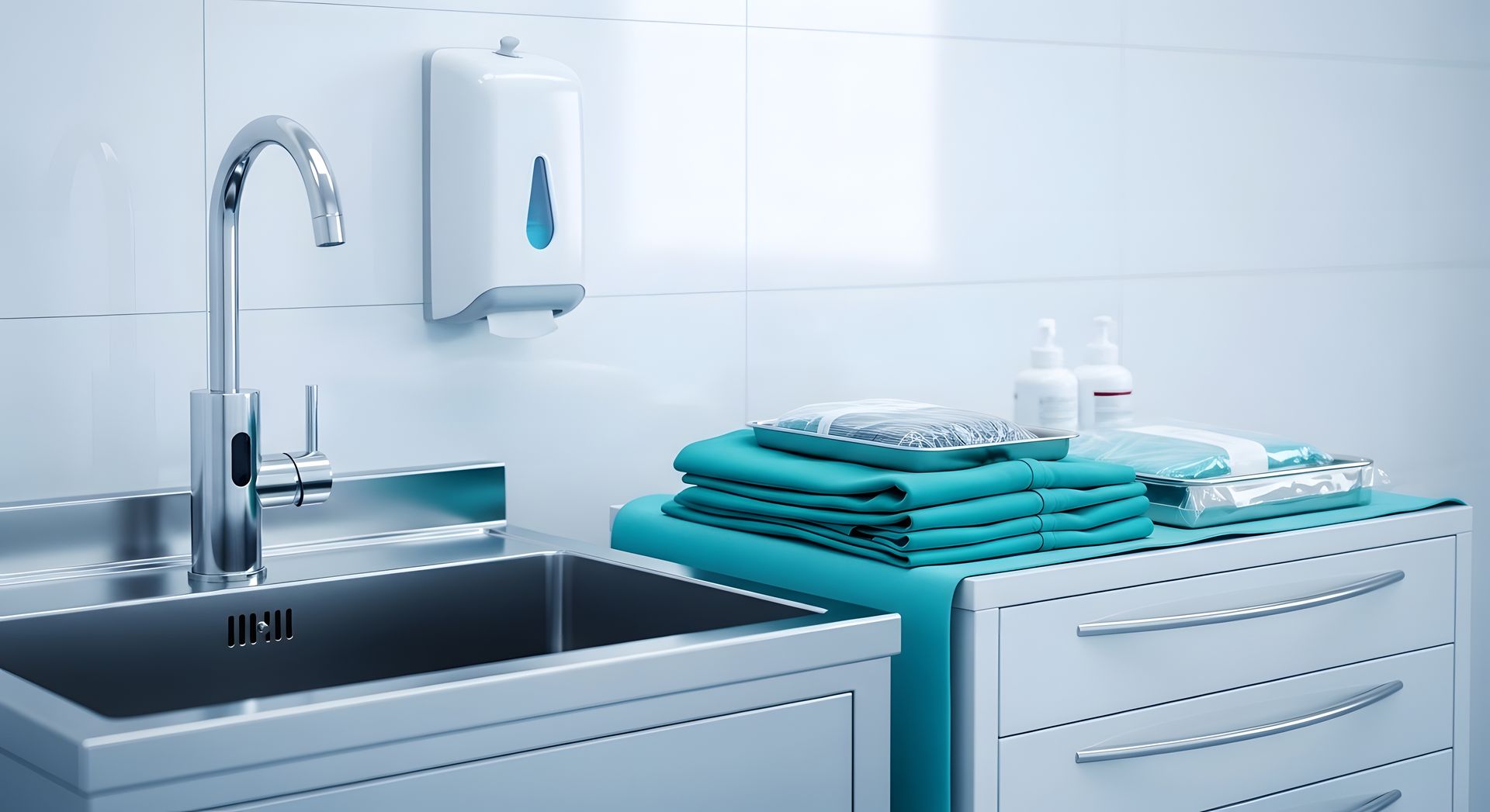 Évier et robinet en acier inoxydable avec distributeur, serviettes et accessoires sur un meuble blanc.