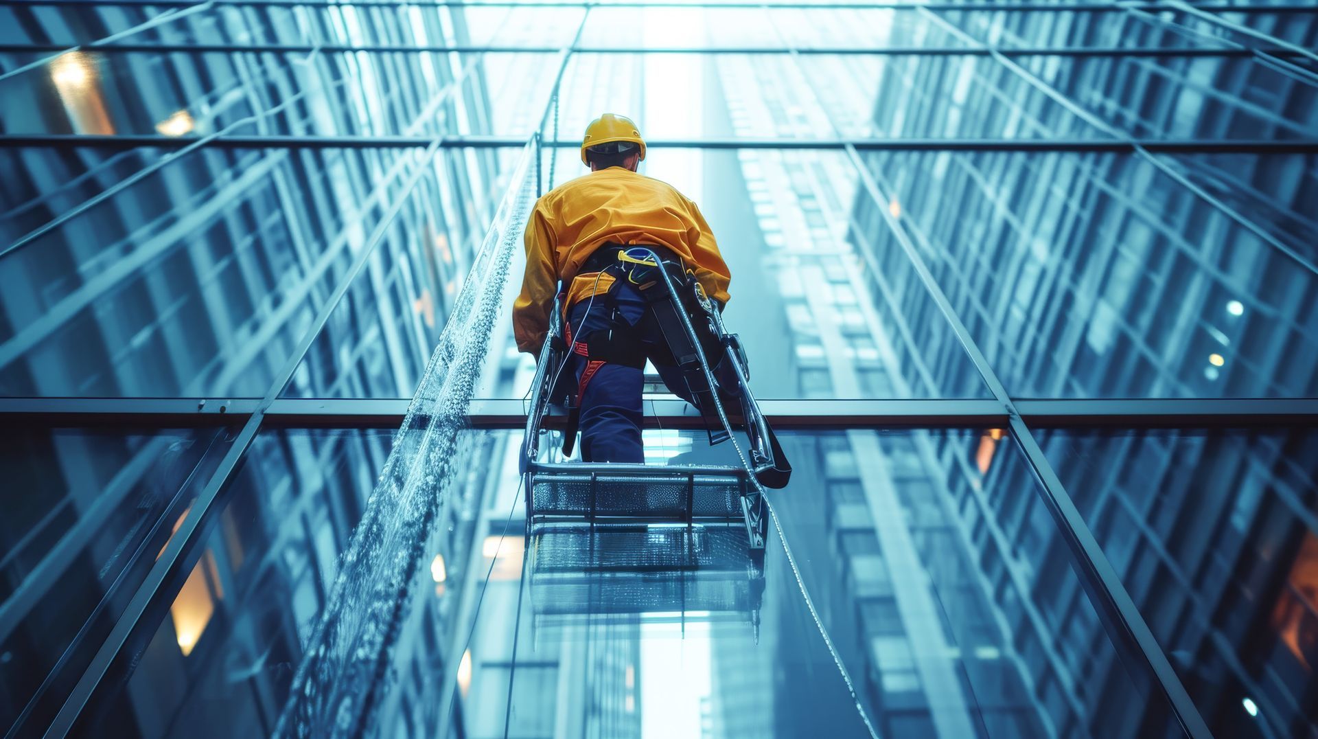 Un laveur de vitres, juché sur une plateforme suspendue, nettoie un gratte-ciel aux façades de verre.
