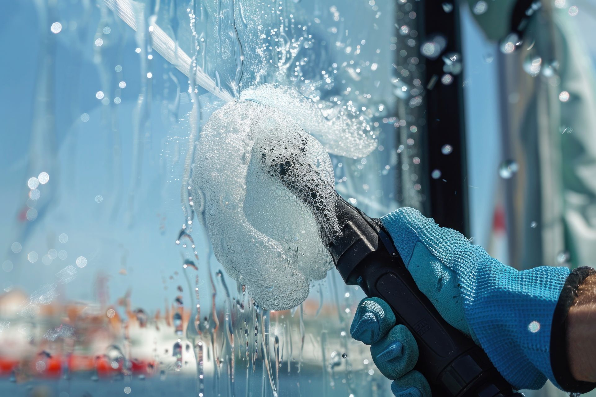 Une personne portant un gant bleu vaporise de l'eau sur la vitre.