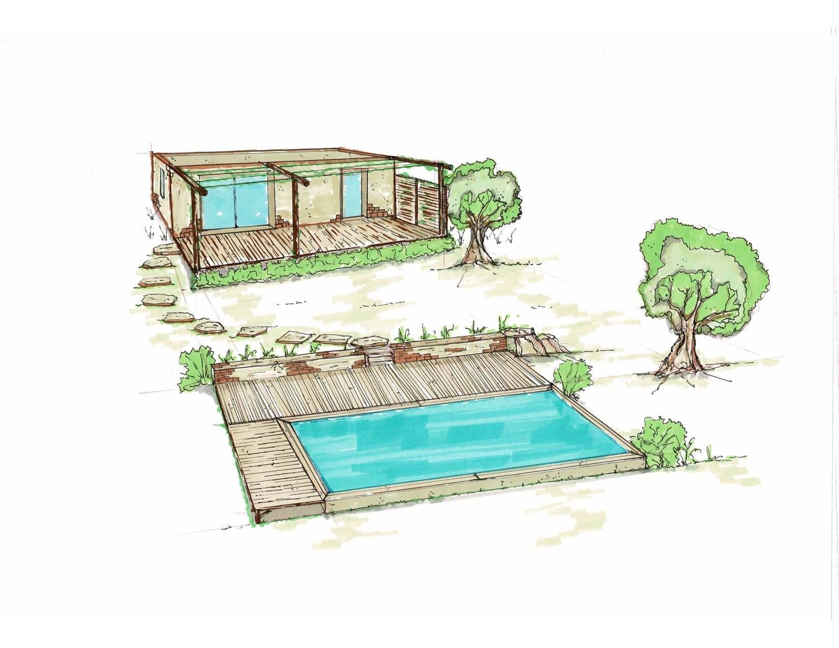 Croquis d'un plan de jardin avec piscine