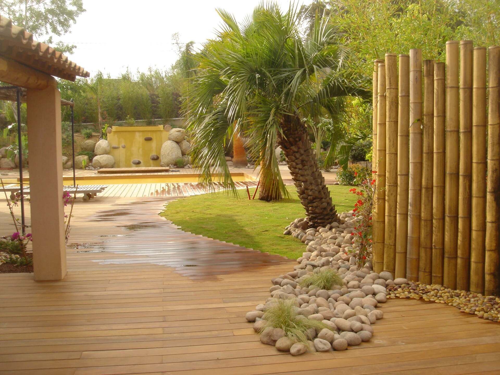 Jardin tropical avec palmiers et mur à cascade dans le fond