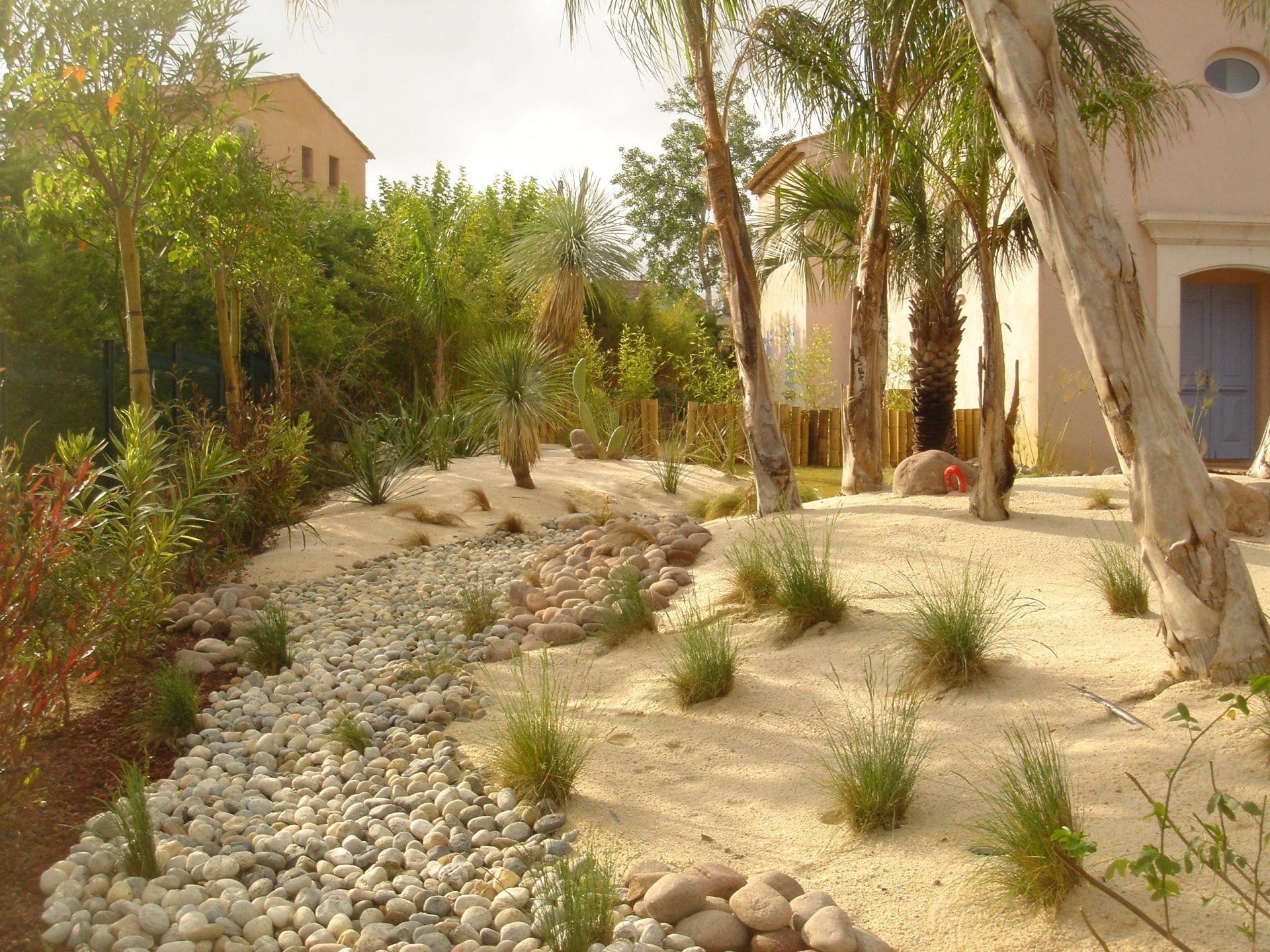 Jardin exotique avec des palmiers, des galets et des plantations rustiques