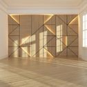 Una habitación vacía con suelo de madera y una pared de madera.