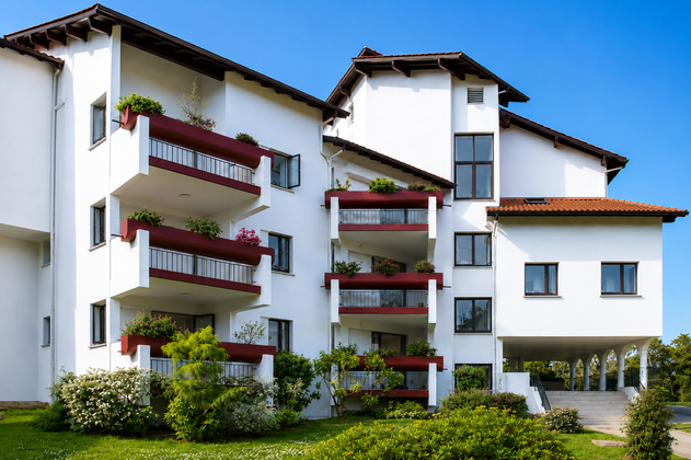 Immeuble d'appartements moderne blanc avec balcons rouges et aménagement paysager verdoyant sous un ciel bleu