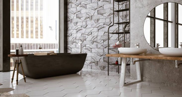Ein modernes Badezimmer im Industriestil mit dunkler Badewanne, Waschtisch aus Holz, Akzentwand aus Stein und sechseckigen Bodenfliesen.