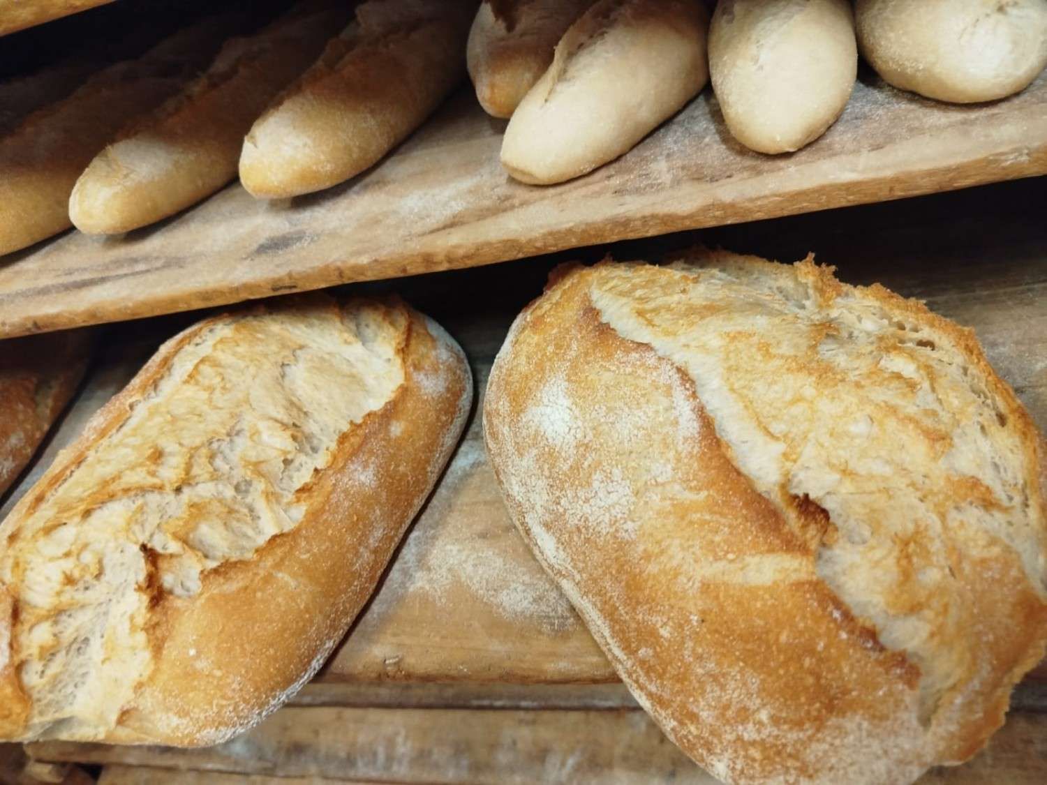 Panes artesanales frescos, de color marrón dorado, enfriándose en estantes de madera de la panadería.