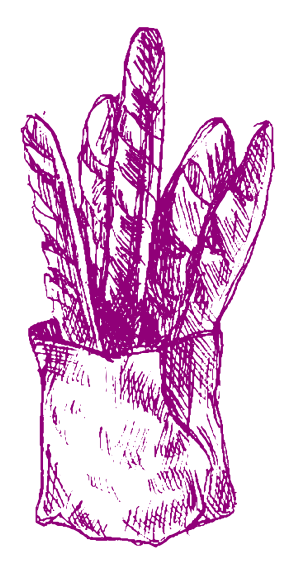 Un boceto morado, dibujado a mano, de una bolsa de papel llena de varias baguettes largas y verticales.