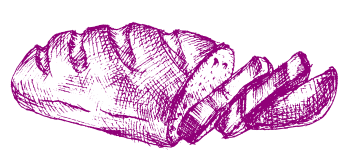 Un boceto morado, dibujado a mano, de una hogaza de pan, parcialmente cortada en tres trozos.