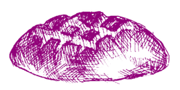 Ilustración en color magenta, estilo boceto, de una hogaza redonda de pan con cortes sobre un fondo blanco.