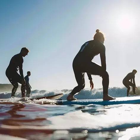 Des surfeurs se découpent sur le soleil en chevauchant de petites vagues dans l’océan.