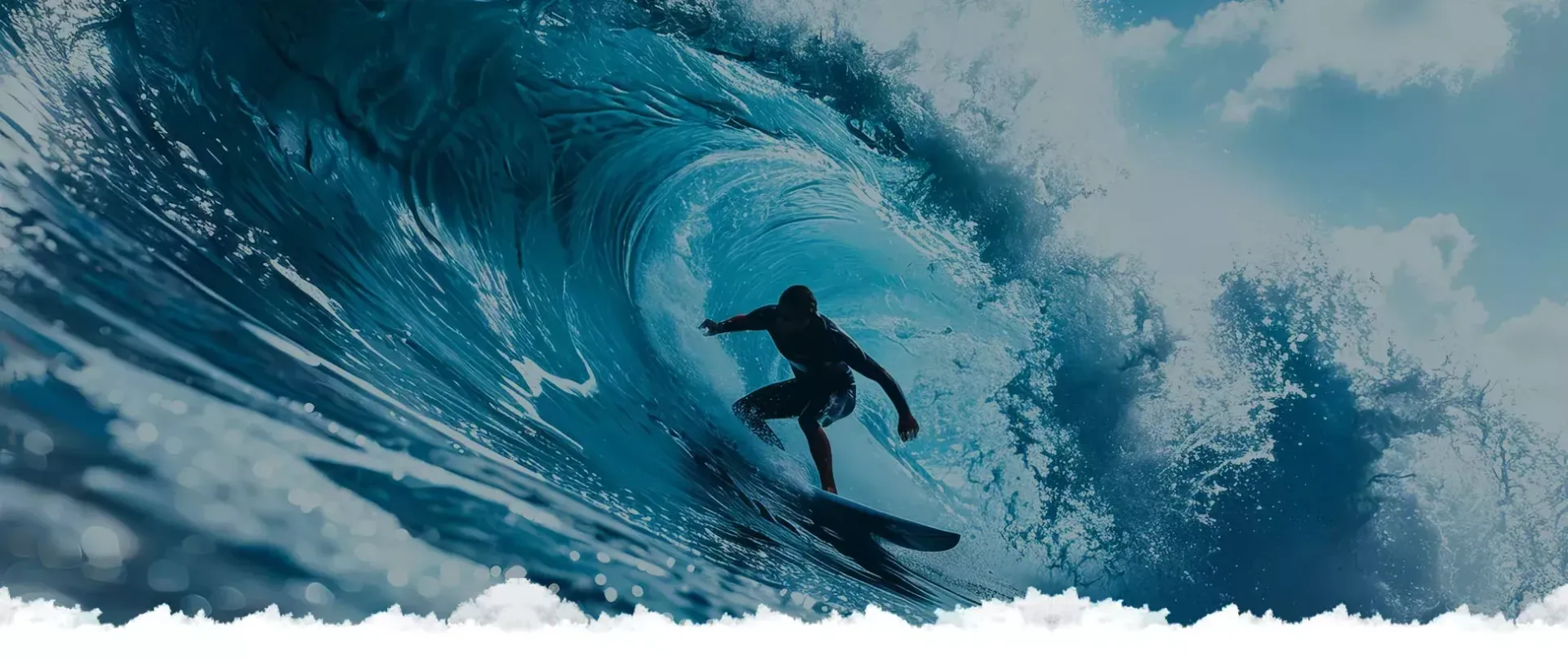 Surfeur chevauchant une vague dans un tube bleu d’embruns