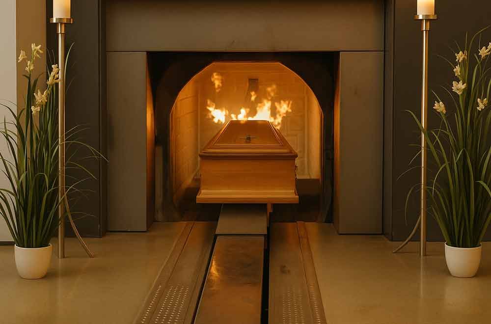 Ein Sarg in einem Krematoriumsofen, Flammen sind sichtbar; Blumen und Kerzen flankieren ihn.