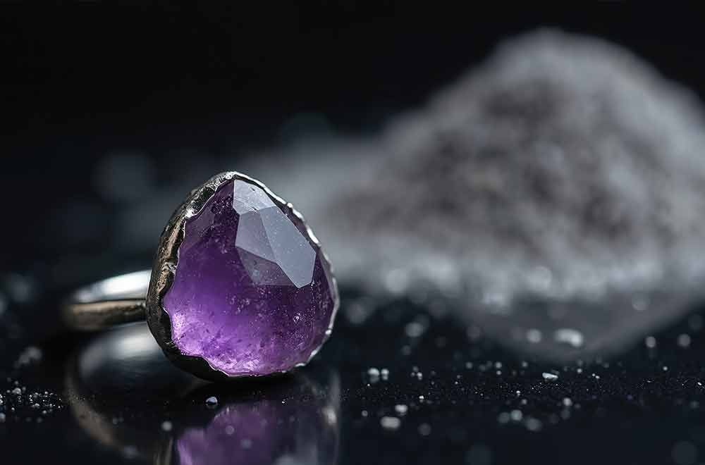 Silberring mit großem, facettiertem violettem Edelstein; im Hintergrund ein Aschehaufen.