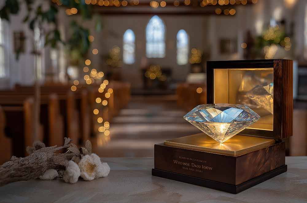 Ein Diamant in einer Holzkiste auf einem Tisch vor einem verschwommenen Kircheninterieur.