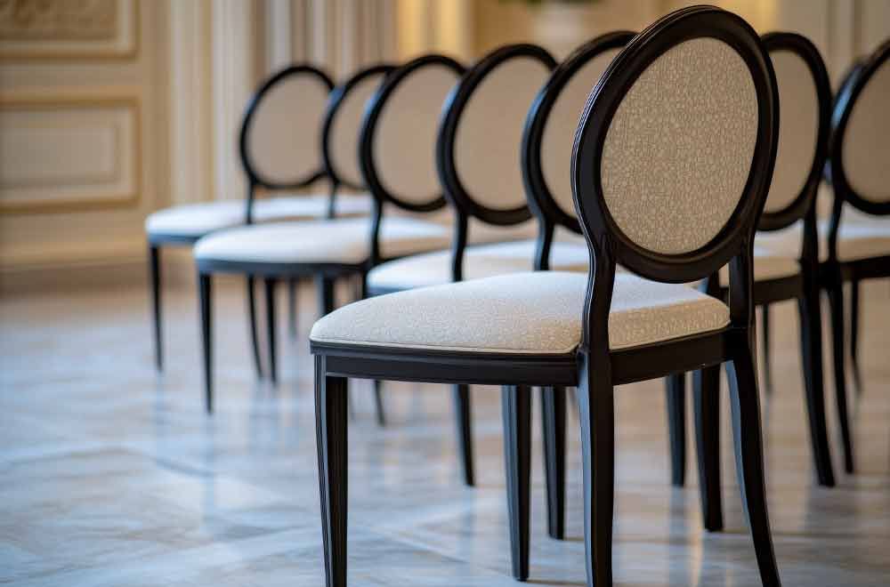 Eine Reihe weißer, gepolsterter Stühle mit dunklen Holzgestellen in einem hell erleuchteten Raum.