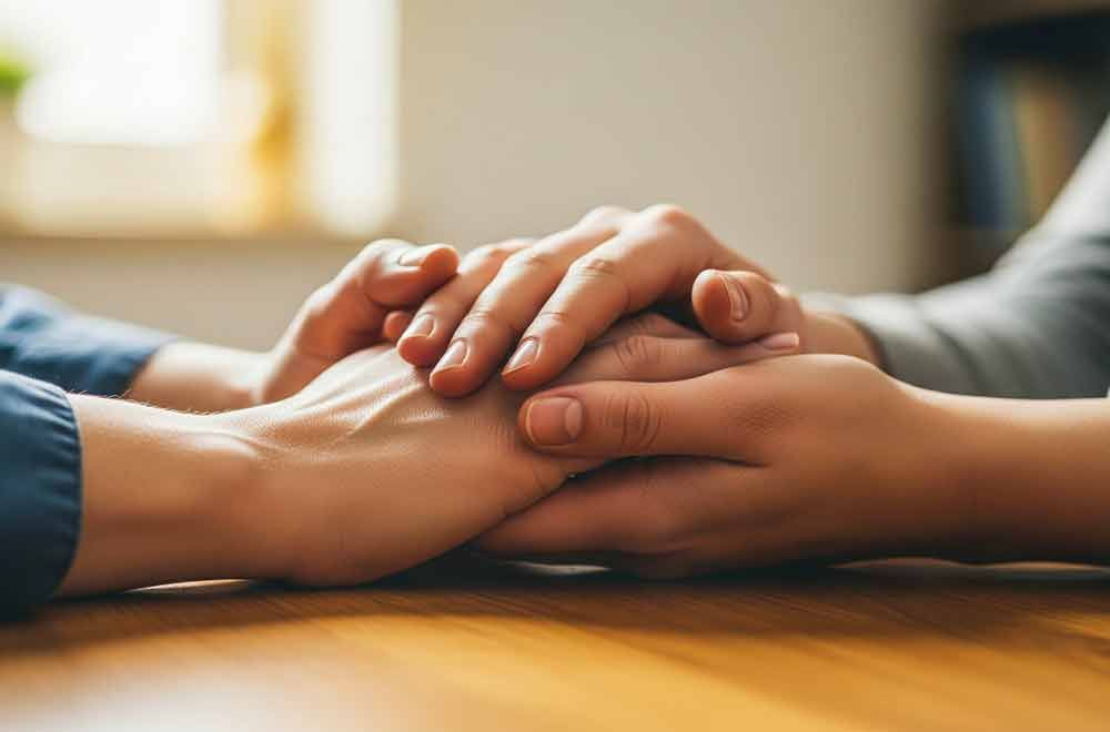 Zwei Hände, die sich ineinander verschränkt haben und einander Halt geben, ruhen auf einer Holzoberfläche.