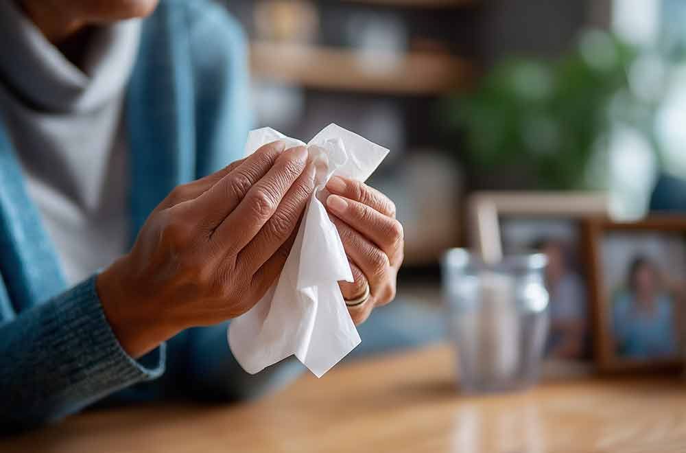Person hält ein zerknittertes Taschentuch; Nahaufnahme von Händen, die auf einem Tisch ruhen.