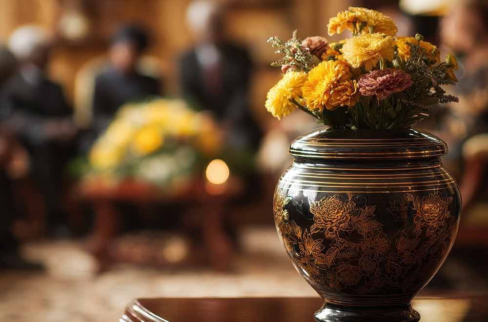 Schwarze Urne mit gelben und violetten Blumen, auf einem Tisch platziert, im Hintergrund sind Personen zu sehen.