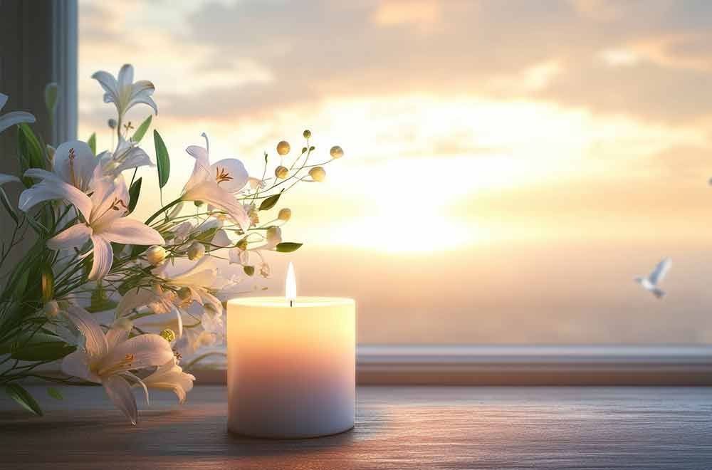 Kerze mit brennender Flamme, weiße Lilien und Sonnenaufgang durch ein Fenster.
