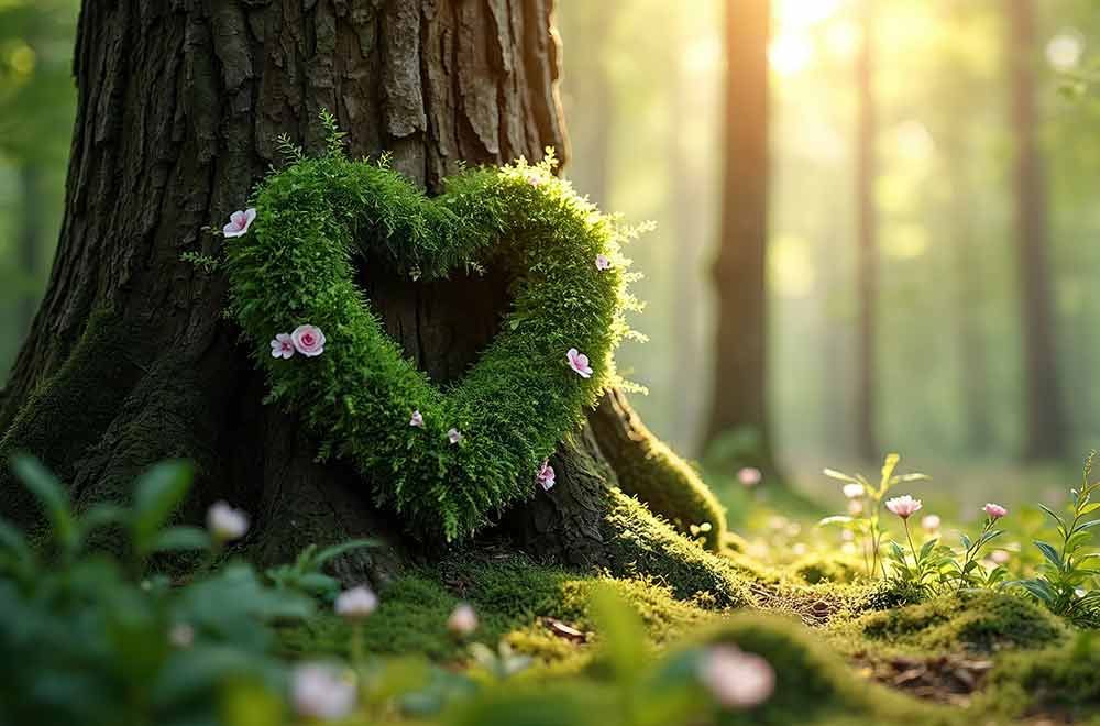 Grüne, herzförmige Moosdekoration an einem Baumstamm in einem sonnigen Wald mit sanftem Sonnenlicht und kleinen Blüten.