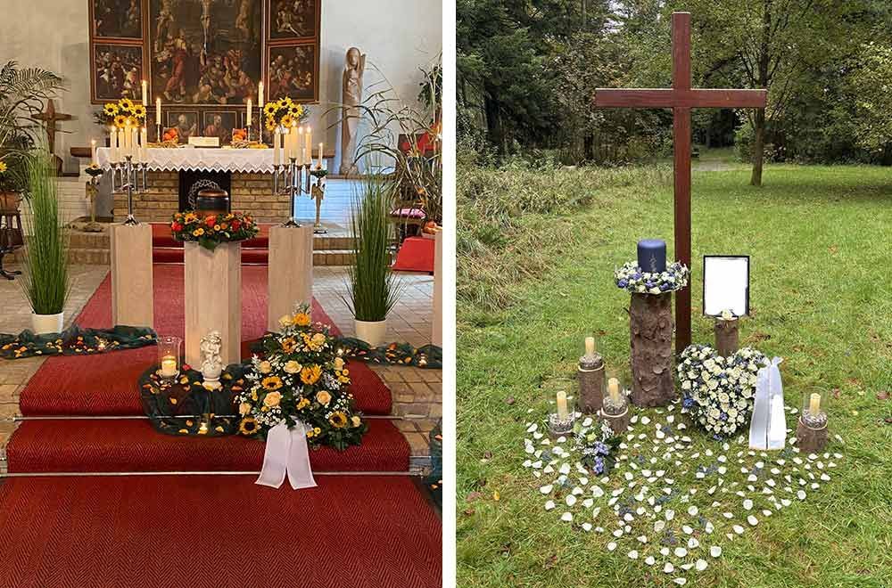 Zwei Trauerszenen: Innenraum der Kirche mit Sarg, Außenbereich der Grabstätte mit Kreuz, Blumengestecken und Kerzen.