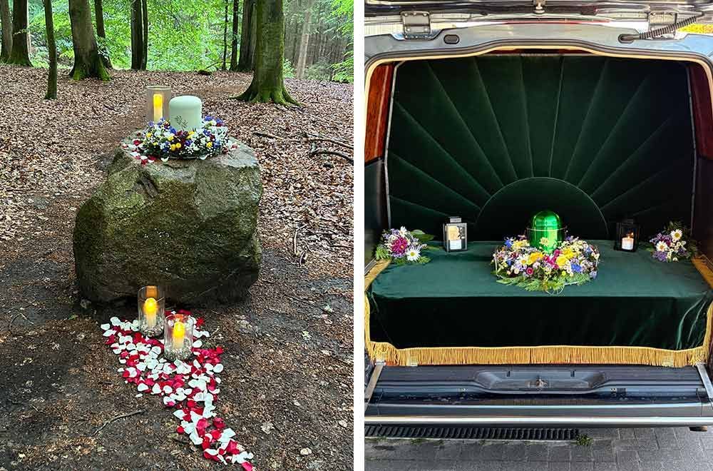 Links: Steinmonument mit Blumen und Kerzen im Wald. Rechts: Innenraum eines Leichenwagens mit Urne und Blumenarrangements.