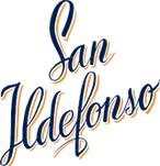 Un logotipo azul y naranja para San Ildefonso sobre un fondo blanco.