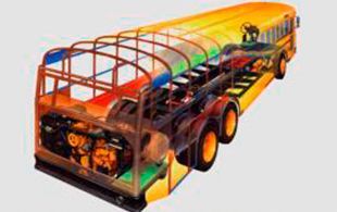 Un autobús escolar de juguete con un remolque acoplado.