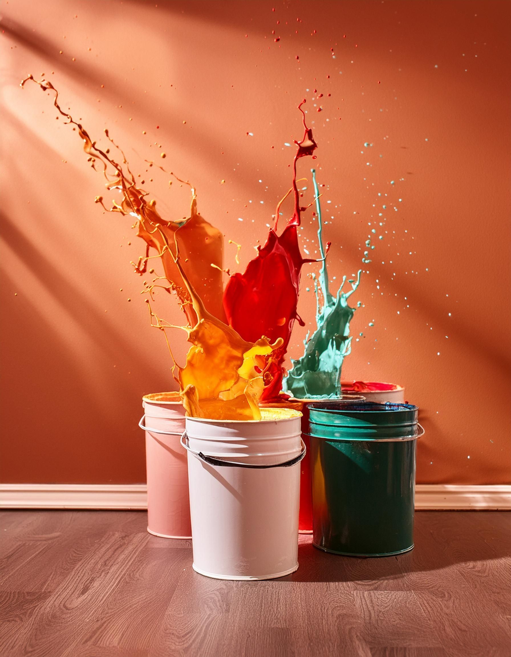Des seaux de peinture avec des éclaboussures d'orange, de rouge et de turquoise sur un mur orange.