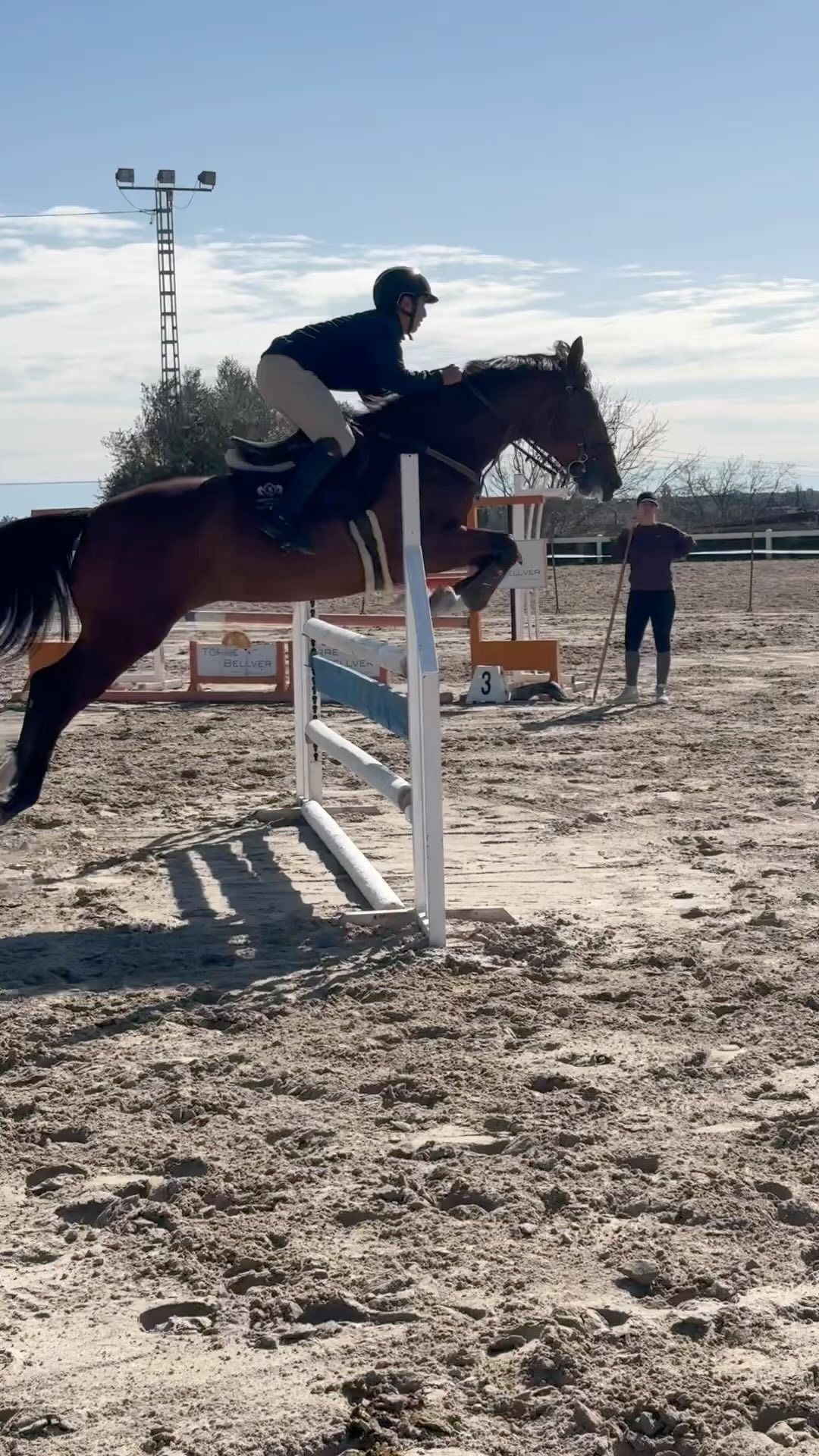 Un jinete sobre un caballo marrón salta una valla en una pista ecuestre al aire libre. Una persona observa cerca.