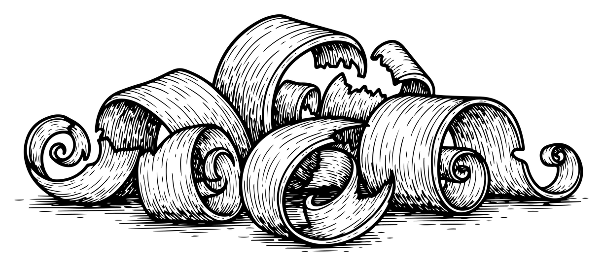 Dessin à l'encre de copeaux de bois empilés et enroulés.