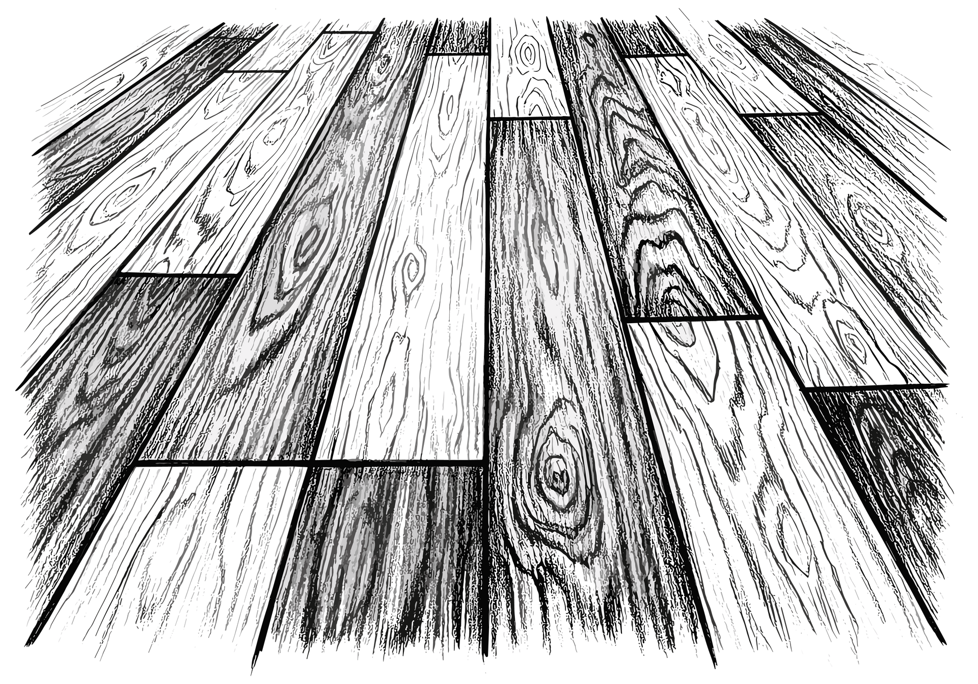 Croquis en noir et blanc de planches de parquet en perspective, avec un grain et une texture variés.