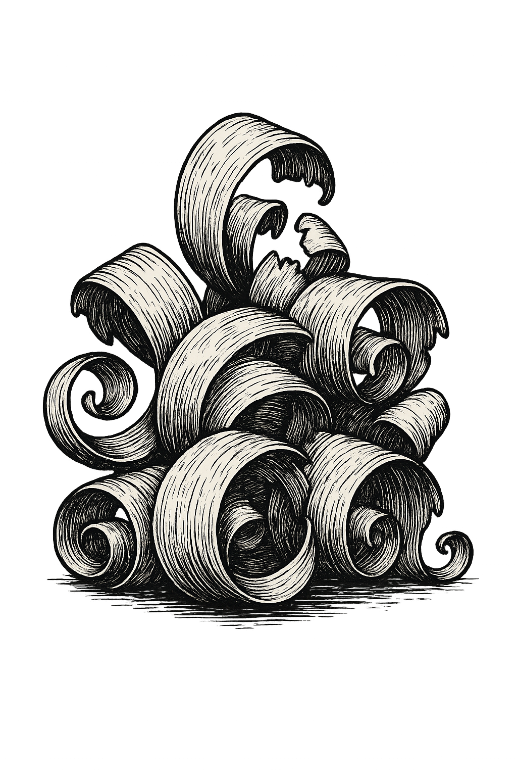 Dessin à l'encre de copeaux de bois empilés et enroulés, aux extrémités en spirale sombres et ombrées.