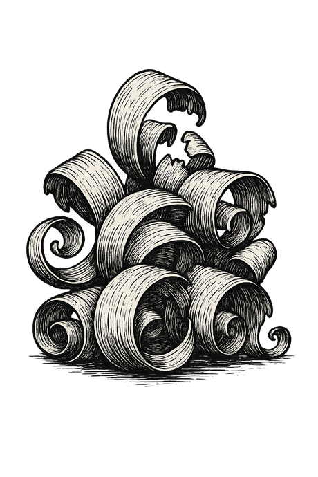 Dessin à l'encre de copeaux de bois empilés et enroulés, aux extrémités en spirale sombres et ombrées.