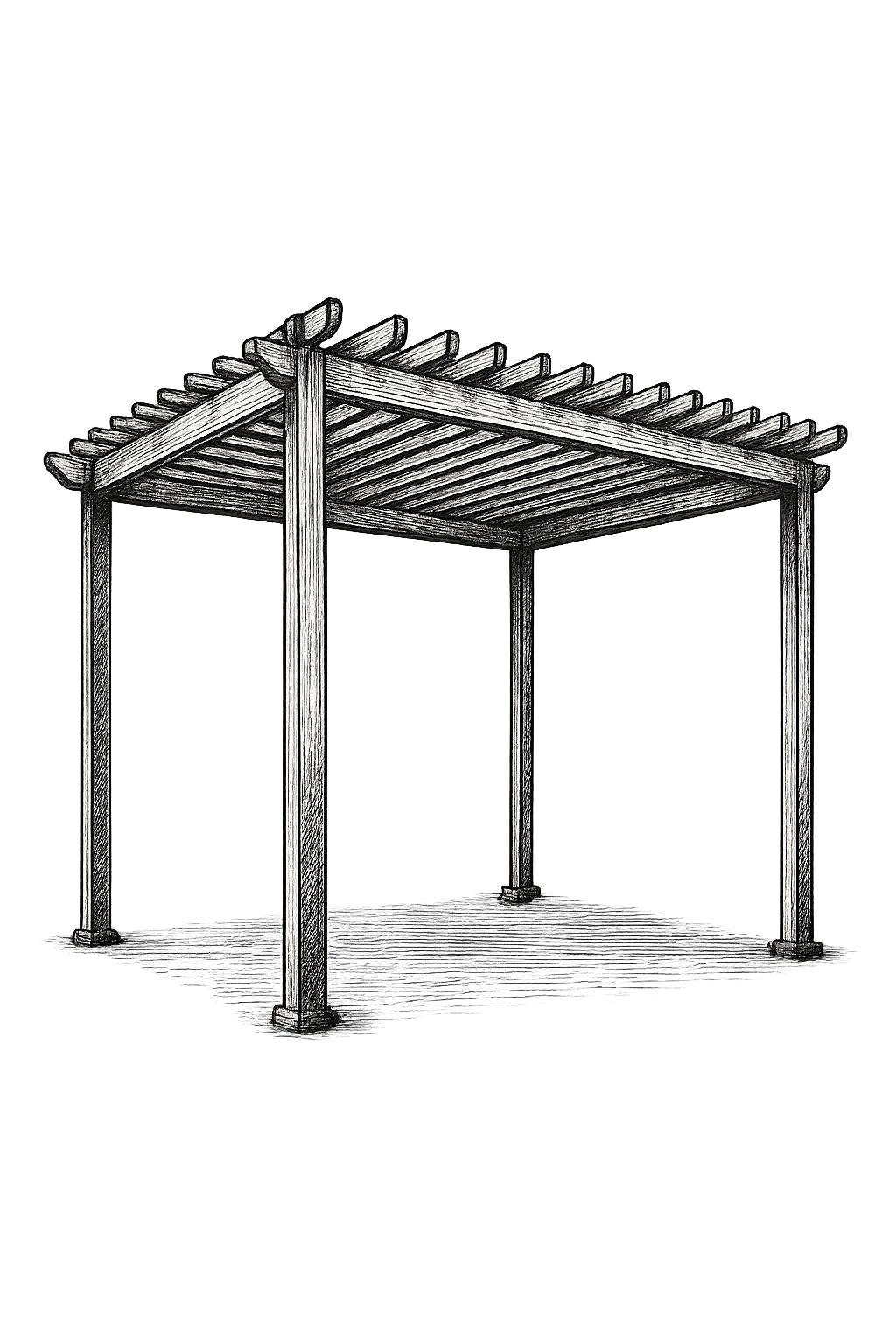 Croquis en noir et blanc d'une pergola en bois à quatre poteaux et toit à lattes.