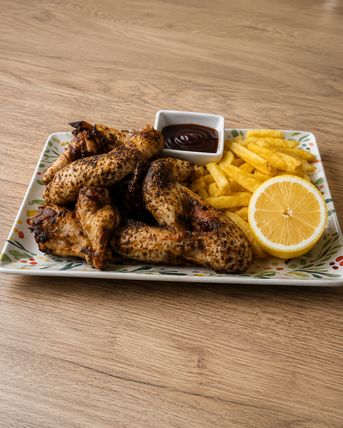 Plato de alitas de pollo fritas con patatas fritas, salsa para mojar y rodajas de limón sobre una mesa de madera.
